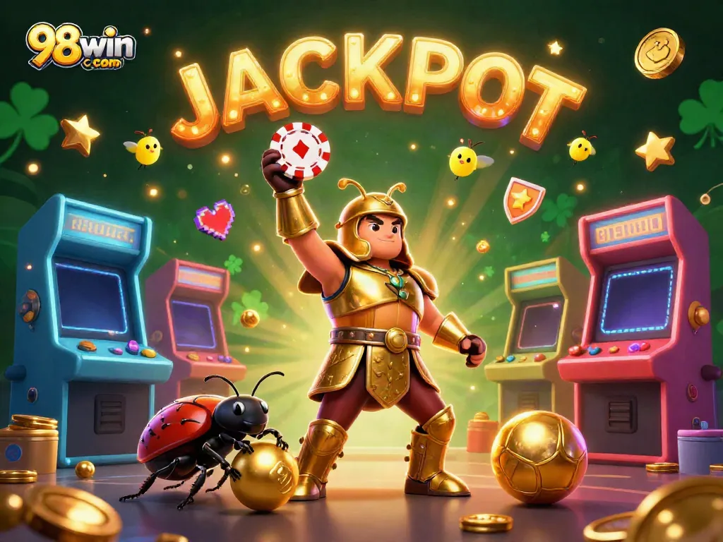 Experience casino excitement with 98win com as a triumphant beetle lifts a poker chip in a vibrant scene.