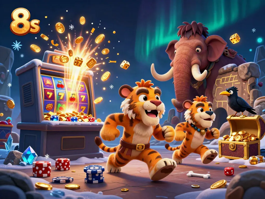 Experience 8s at a prehistoric casino with vibrant characters, gold coins, and dynamic gaming elements