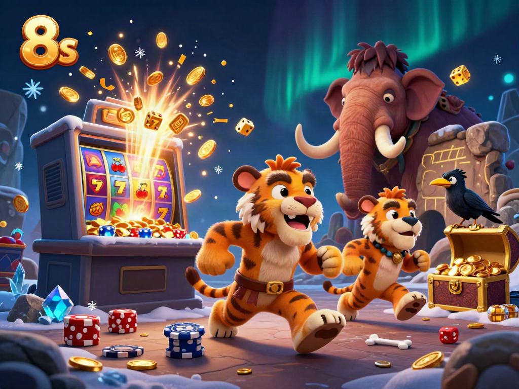 Experience 8s at a prehistoric casino with vibrant characters, gold coins, and dynamic gaming elements