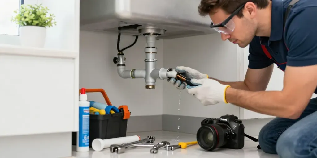 Water leak repair Rapid City SD by a professional plumber fixing pipes under a kitchen sink.