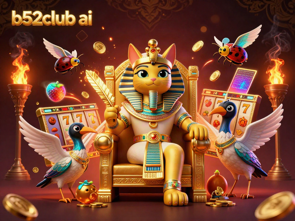 View the dynamic b52club ai scene, featuring a regal pharaoh cat among slot game elements and gold treasures.