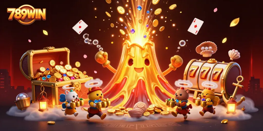 Experience thrill and excitement with 789WIN's vibrant casino adventure scene featuring golden coins and treasures.