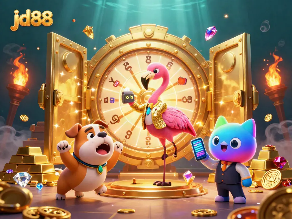 Experience exciting gameplay at jd88 with a vibrant illustration of a flamingo game show host and treasures!