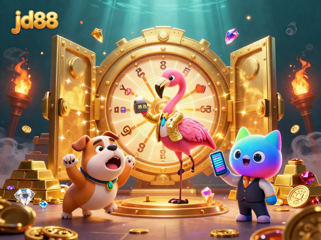 Experience exciting gameplay at jd88 with a vibrant illustration of a flamingo game show host and treasures!
