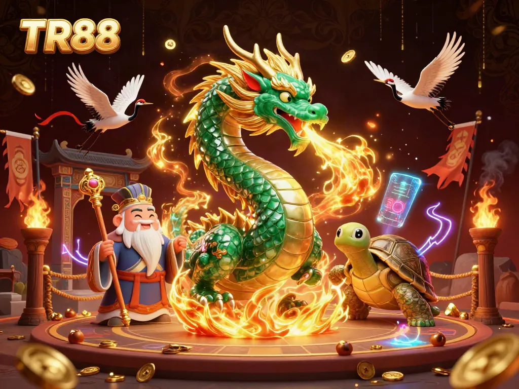 Experience the excitement of TR88 with a vibrant 3D illustration of a jade dragon and mystical elements.