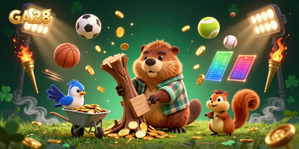 Experience the excitement of GA28 with a fun scene featuring cartoon animals collecting gold coins from a tree while surrounded by dynamic sports elements.