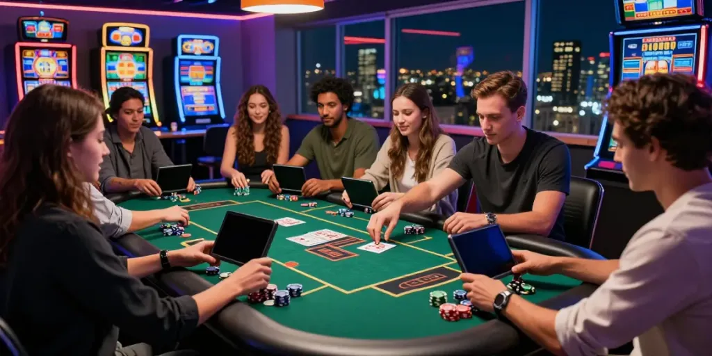 Exciting group gaming session highlighting zbet vua nhà cái in vibrant online gambling setting
