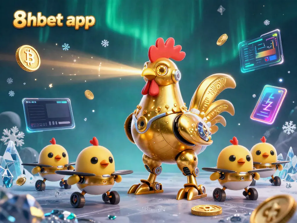 Engage with the 8xbet app featuring a golden rooster robot and cryptocurrency elements in a vibrant casino scene.