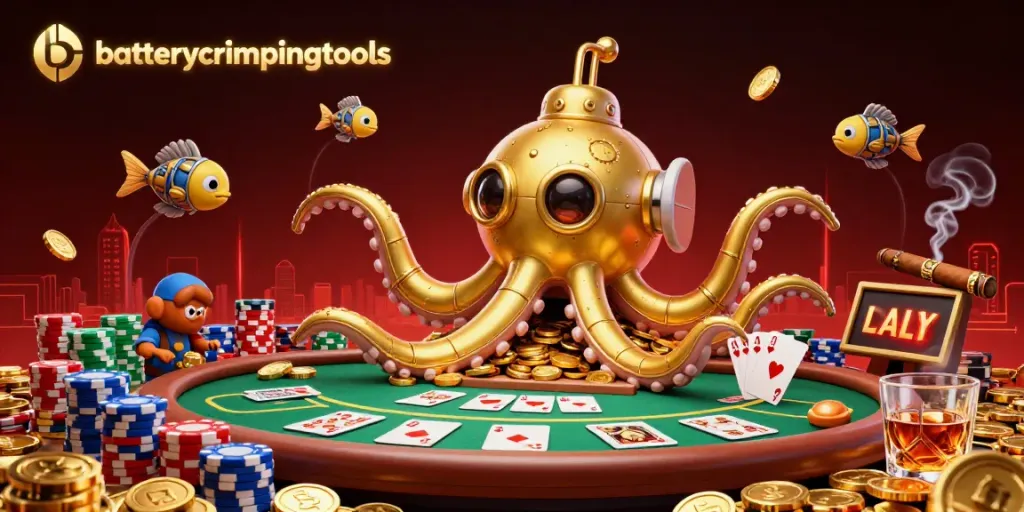 Engage with batterycrimpingtools in this vibrant casino-themed 3D illustration featuring a kraken and lively poker elements.