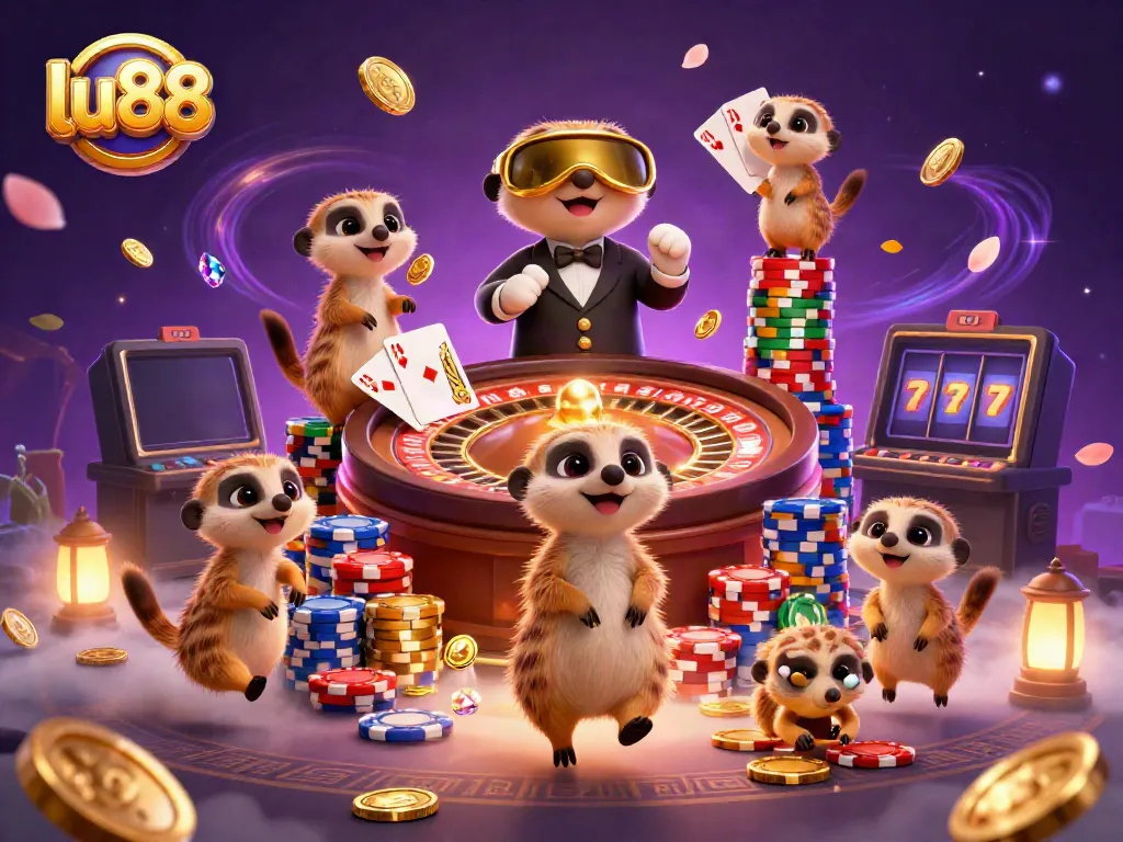 Engaging lu88 scene featuring meerkats operating a vibrant casino, surrounded by casino elements and visual effects.