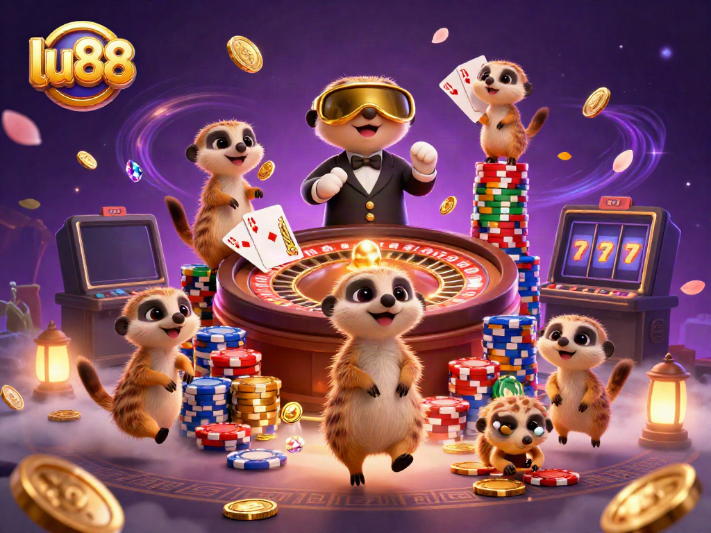 Engaging lu88 scene featuring meerkats operating a vibrant casino, surrounded by casino elements and visual effects.
