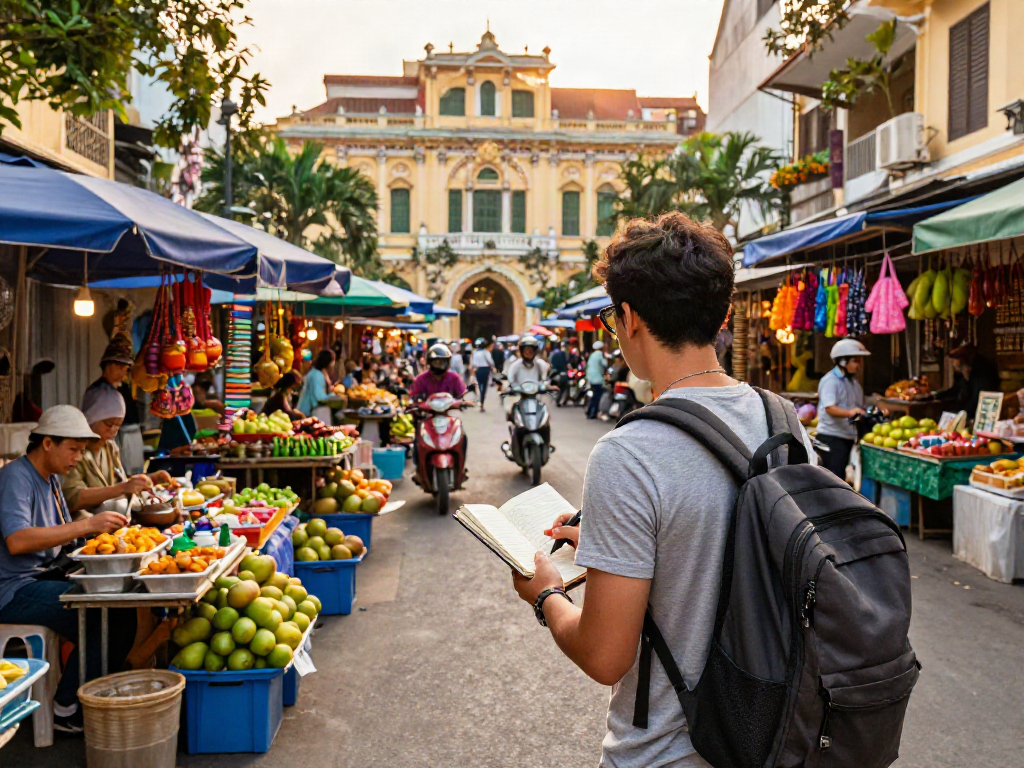 Traveler exploring vibrant streets of Ho Chi Minh City at https://joeyvisavietnam.com/, savoring local culture and architecture.
