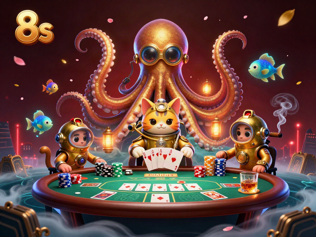 Engage in thrilling 8s gaming action with a colossal kraken and a diving cat in a vibrant casino scene.