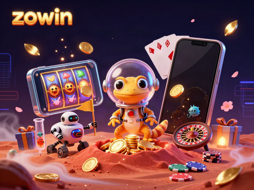 Zowin's vibrant online casino world comes alive with a Martian gecko and a robot, showcasing exciting gameplay.
