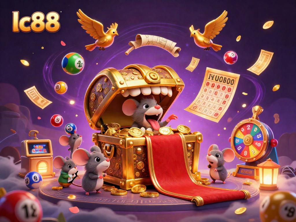 Engage with the vibrant lc88 casino world featuring a treasure chest, lottery balls, and a prize wheel.