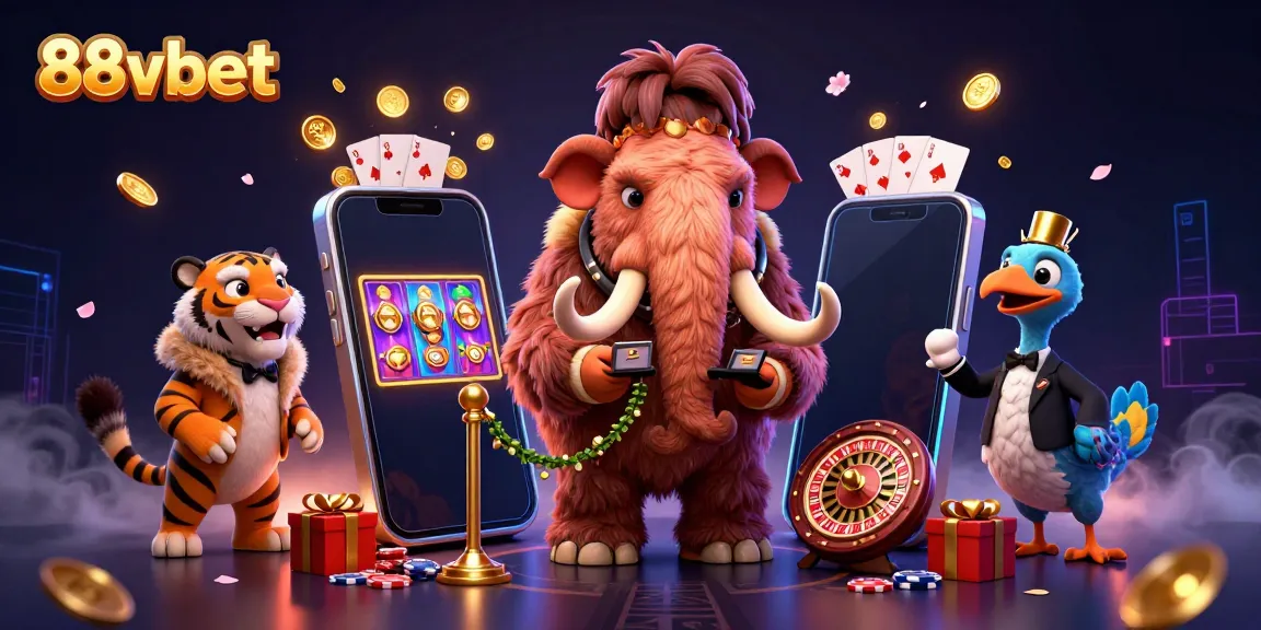 Experience fun at 88vbet with a vibrant illustration of colorful slot games and dynamic characters.