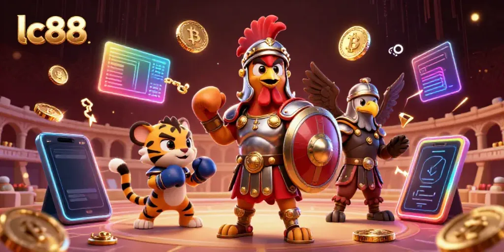 Engage with lc88's vibrant gaming world featuring a gladiator rooster and sparring tiger cub.