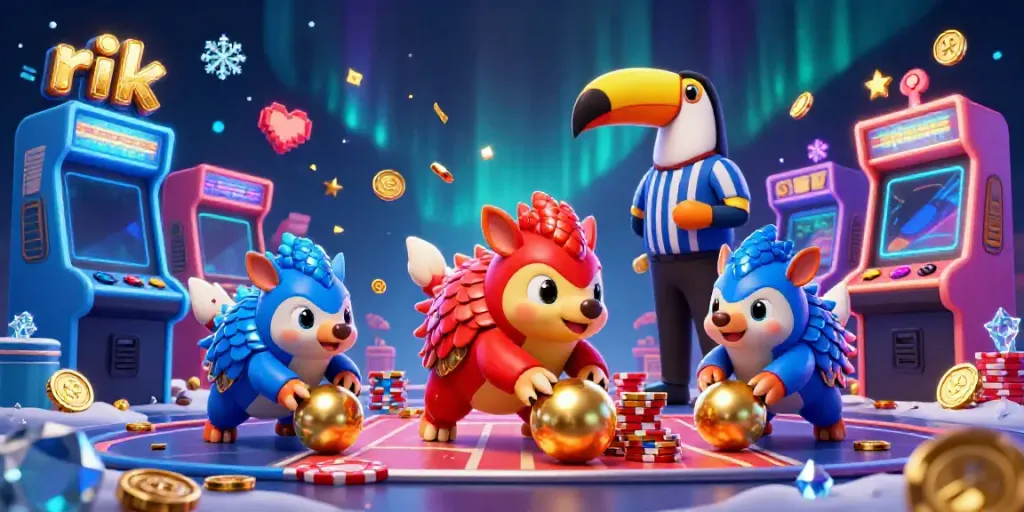 Engage with rik at the vibrant gaming scene featuring pangolins and arcade elements.