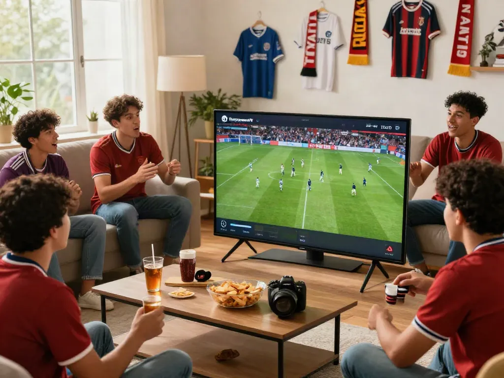 Fans enjoying a live football match on thapcamtv in a cozy living room.
