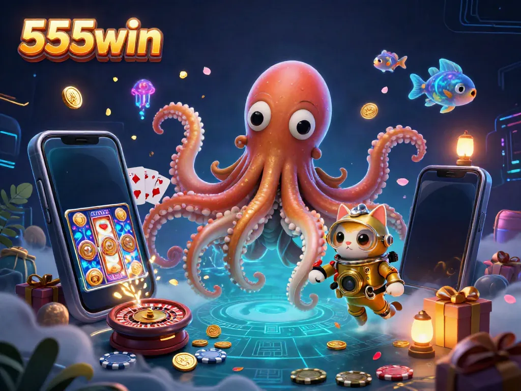 Engage with the thrilling world of 555win through a dynamic 3D casino scene featuring a kraken and diving cat amidst vibrant game visuals.