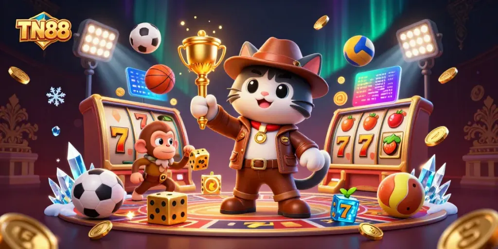 Engage with TN88 in an adventure illustration featuring a cat archaeologist uncovering a golden casino artifact amidst rich gaming symbols.
