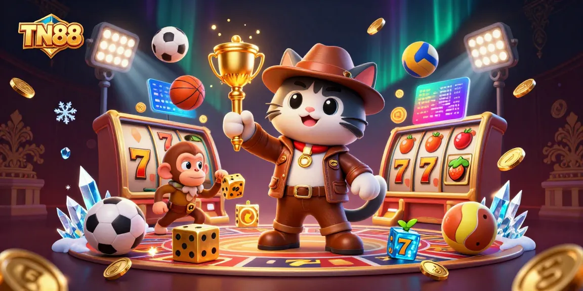Engage with TN88 in an adventure illustration featuring a cat archaeologist uncovering a golden casino artifact amidst rich gaming symbols.