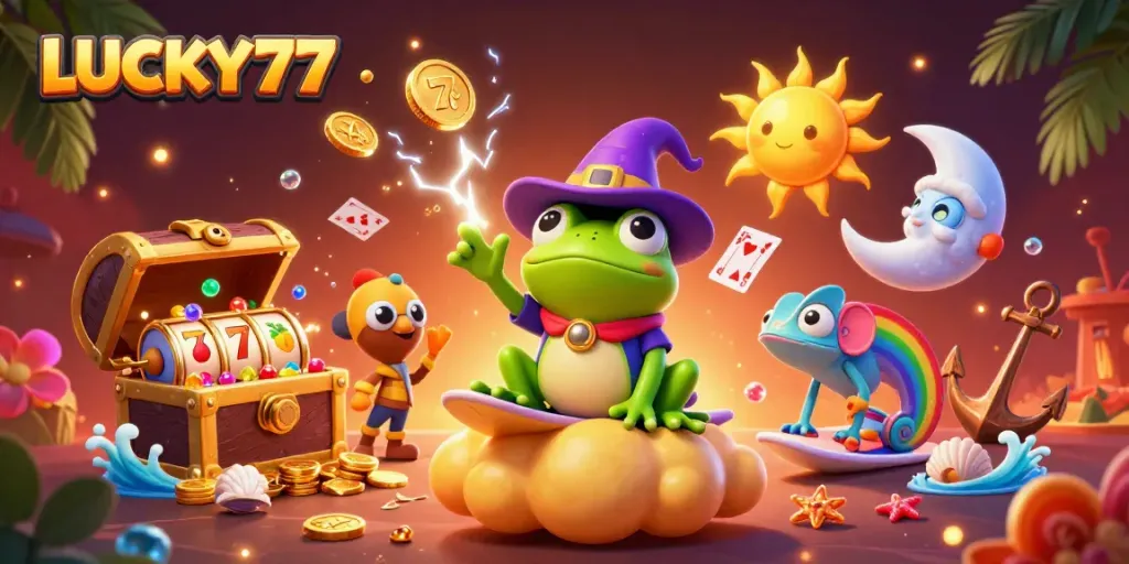 Experience LUCKY77 with a vibrant 3D scene featuring a wizard frog and a chameleon in a casino setting.