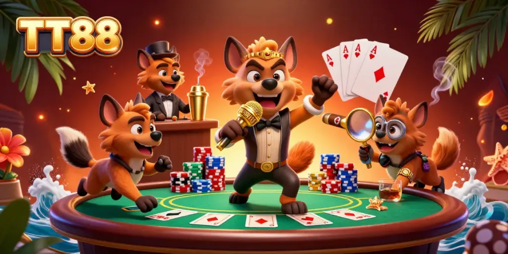 Experience the vibrant casino scene at TT88 with hyenas entertaining as they deal poker and create cocktails.