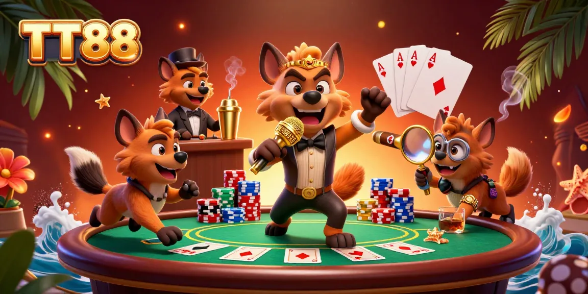 Experience the vibrant casino scene at TT88 with hyenas entertaining as they deal poker and create cocktails.
