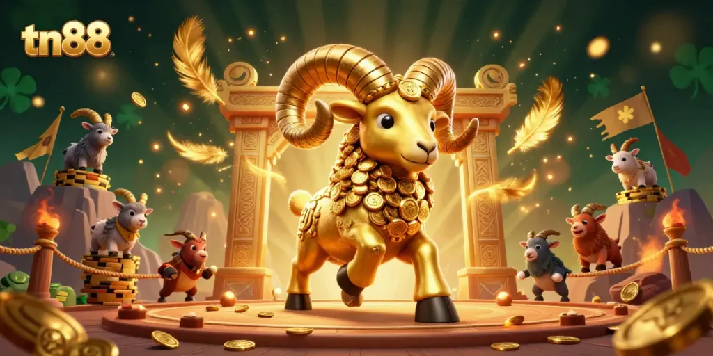 Engage with tn88 in a vibrant 3D casino illustration featuring a golden ram charging at a grand gate.