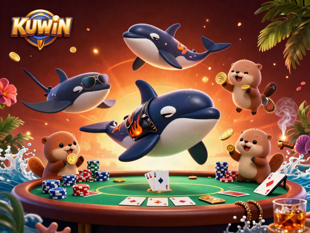 Experience thrilling gaming with KUWIN's vibrant casino scene featuring orca, stingray, and otters.