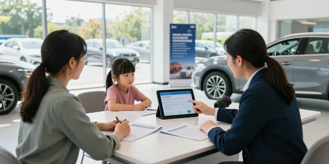 Family learning about their vehicle service contract in a bright dealership office, reviewing options with an advisor.