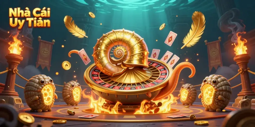 Engage with Nhà Cái Uy Tín's thrilling casino environment featuring a giant nautilus and epic gaming action.