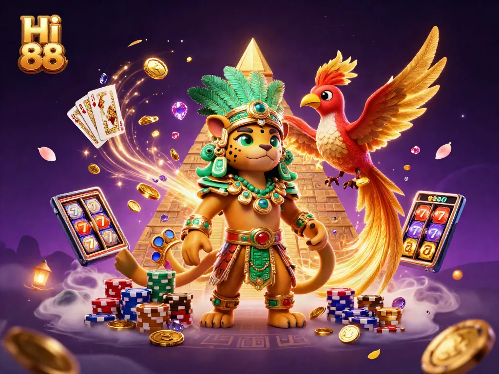 Spin the reels with Hi 88 in this vibrant casino-themed 3D illustration showcasing dynamic gameplay elements.