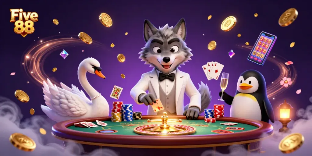Experience thrills and excitement at Five 88 with the wolf, swan, and penguin bringing casino magic to life.