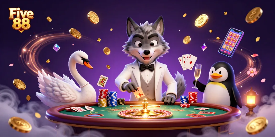 Experience thrills and excitement at Five 88 with the wolf, swan, and penguin bringing casino magic to life.
