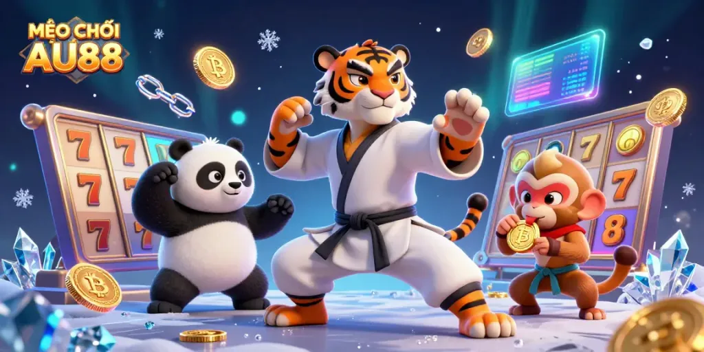 MẸO CHƠI XÌ DÁNH AU88 cartoon image featuring a kung fu tiger and panda with slot reels and gold coins