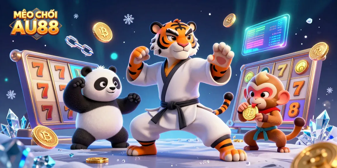 MẸO CHƠI XÌ DÁNH AU88 cartoon image featuring a kung fu tiger and panda with slot reels and gold coins