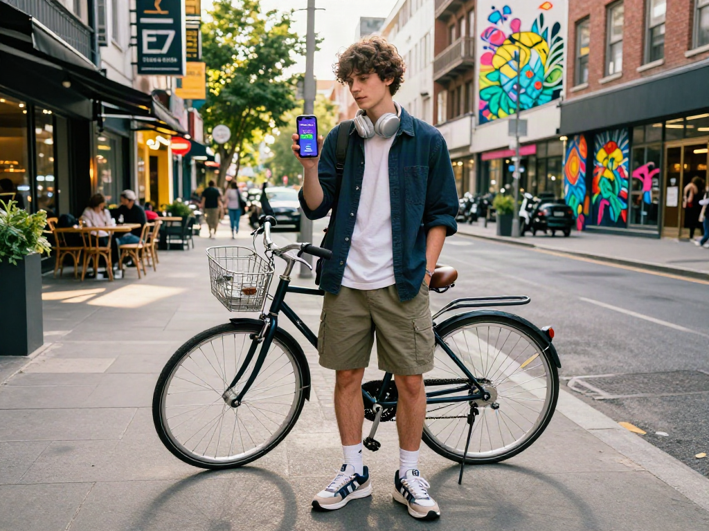 Young adult showcasing rokok88 app on smartphone in trendy urban streetwear.