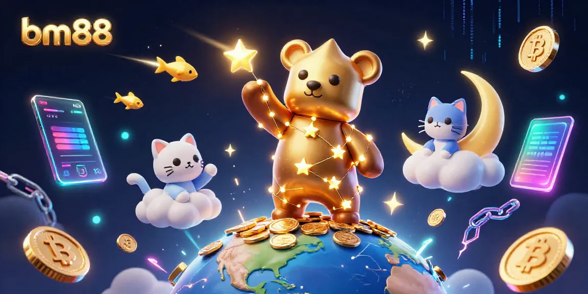 Engage with bm88's online casino experience through a vibrant cosmic illustration of a bear collecting coins.