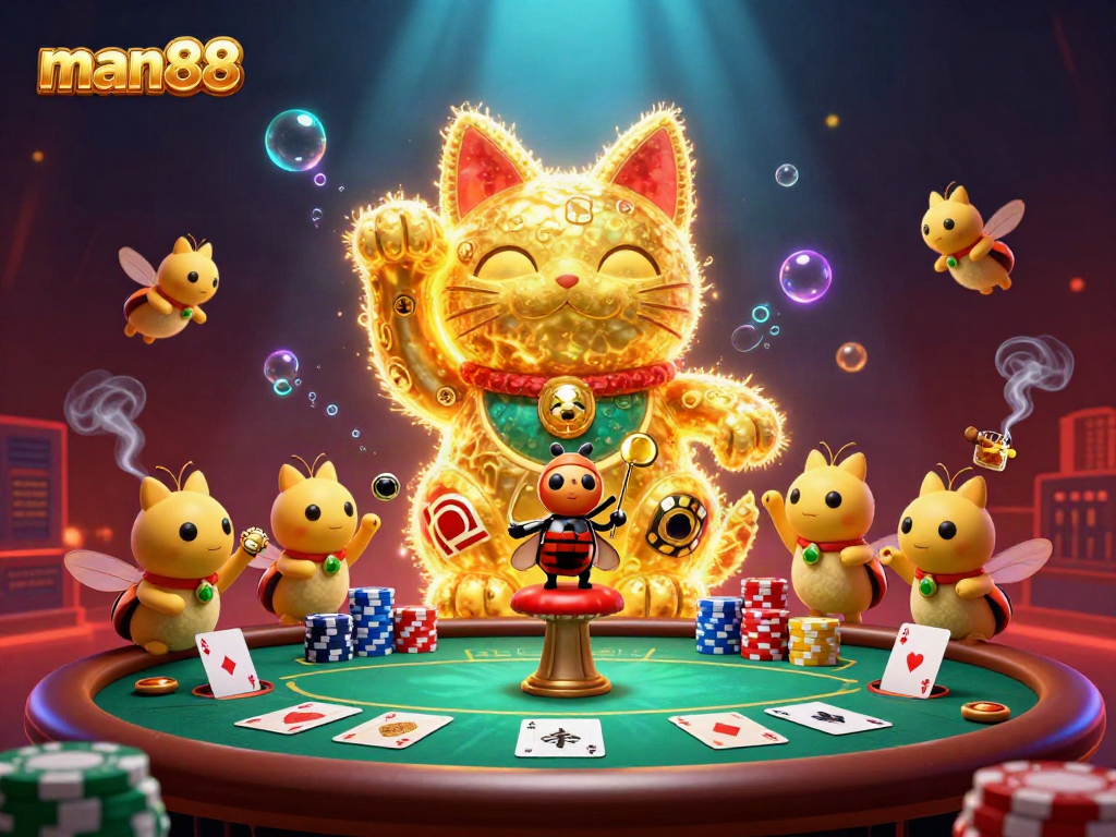 Experience the excitement of man88 as golden fireflies create a lucky cat with vivid casino symbols.