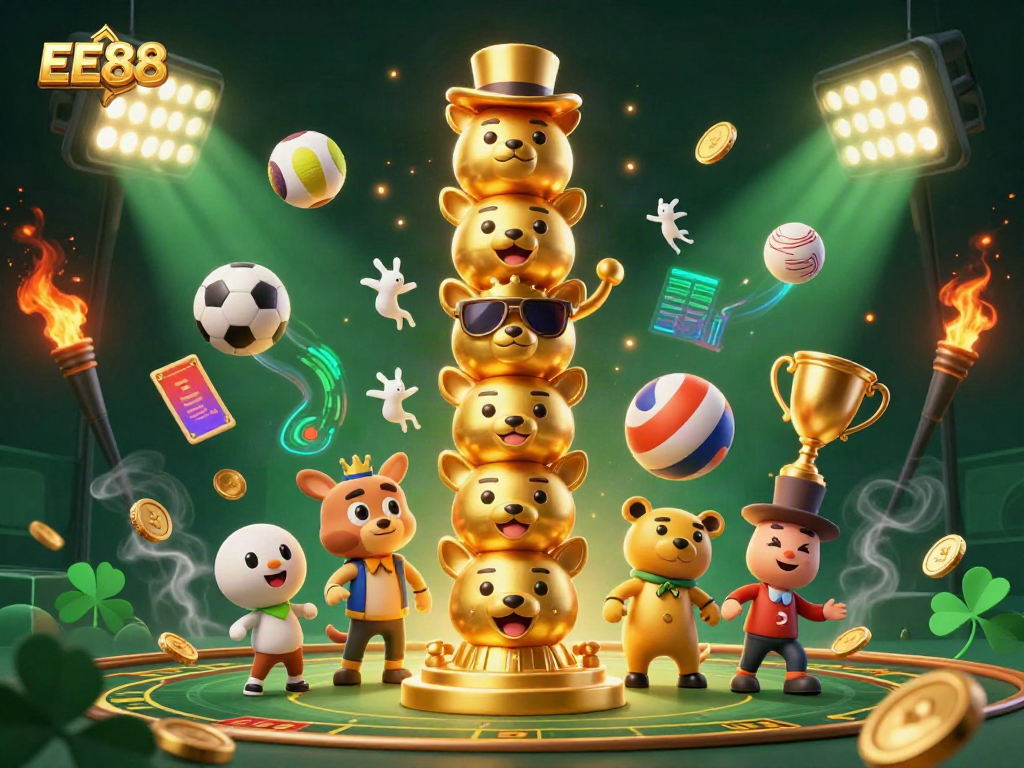 Engage with EE88's dynamic casino adventure featuring vibrant sports elements and a mystical totem.