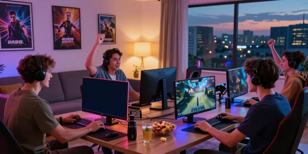 Exciting online gaming session featuring DA88 with friends enjoying a vibrant living room atmosphere.