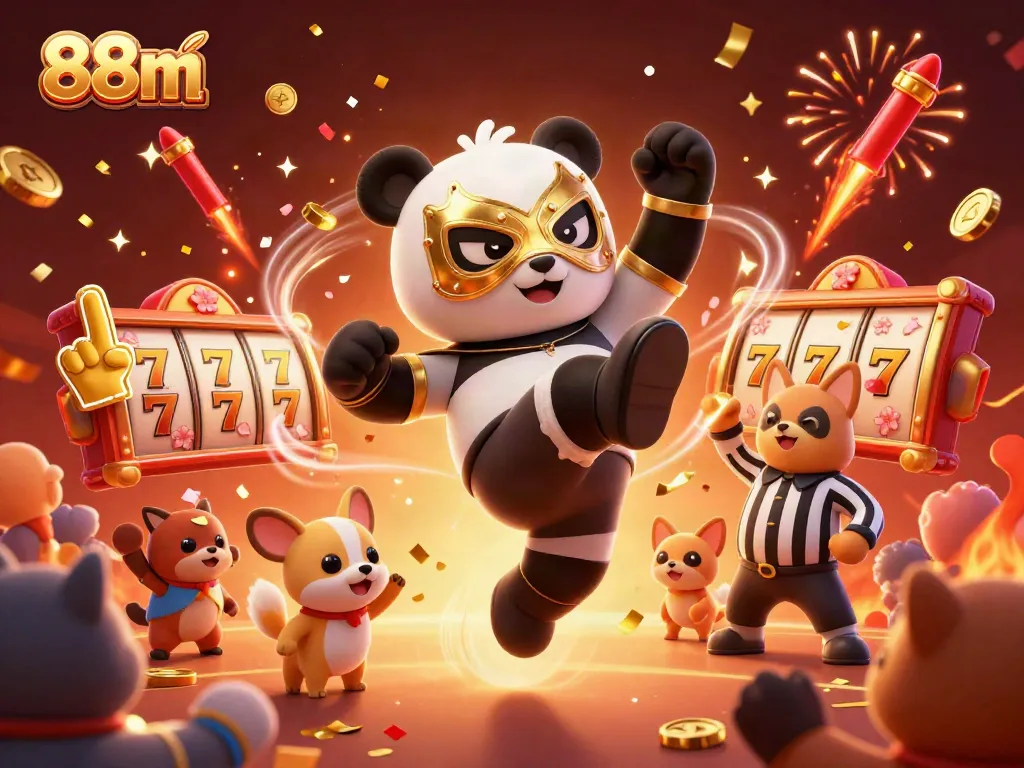 Experience thrilling action with 88m's animated panda wrestler amidst vibrant casino elements.