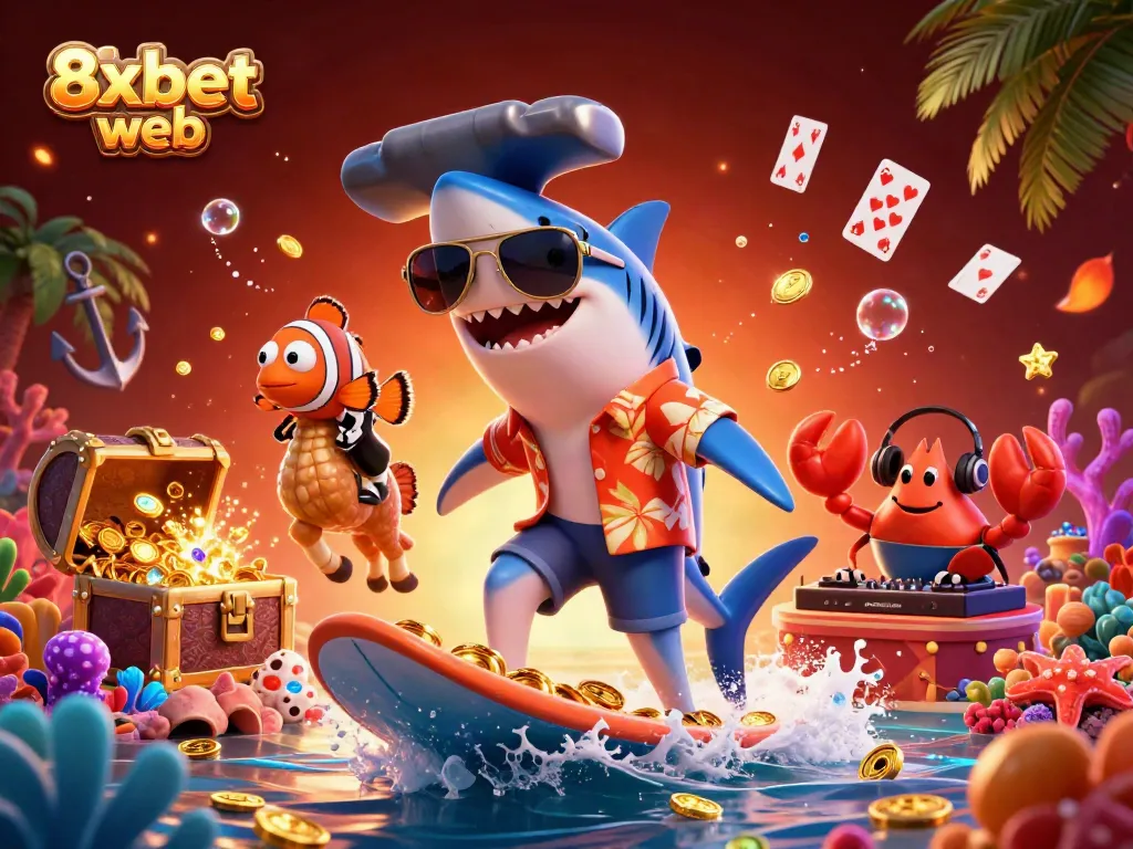 Experience the excitement of 8xbet web with a dynamic scene showing a shark surfing gold coins, perfect for online gambling.