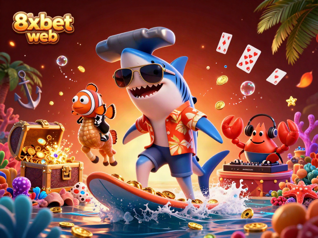Experience the excitement of 8xbet web with a dynamic scene showing a shark surfing gold coins, perfect for online gambling.