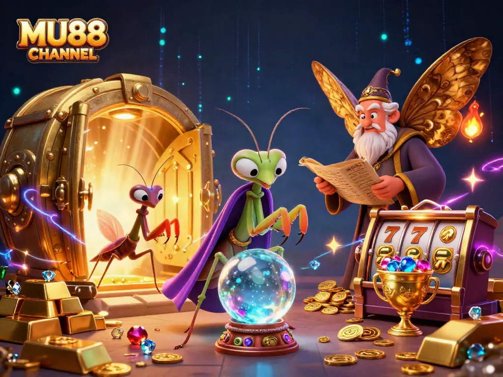 The MU88 CHANNEL features a mystical fortune teller and ancient librarian amidst a vibrant casino treasure scene.