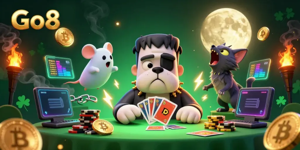 Experience thrilling gameplay at Go8 as a cartoon Frankenstein bulldog deals cards, surrounded by crypto elements.