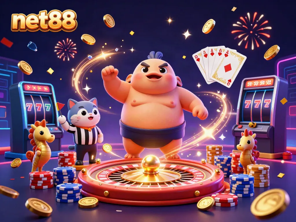 Join the casino action with net88's vibrant scene featuring a fugu in a sumo belt, catfish referee, and lively celebrations.