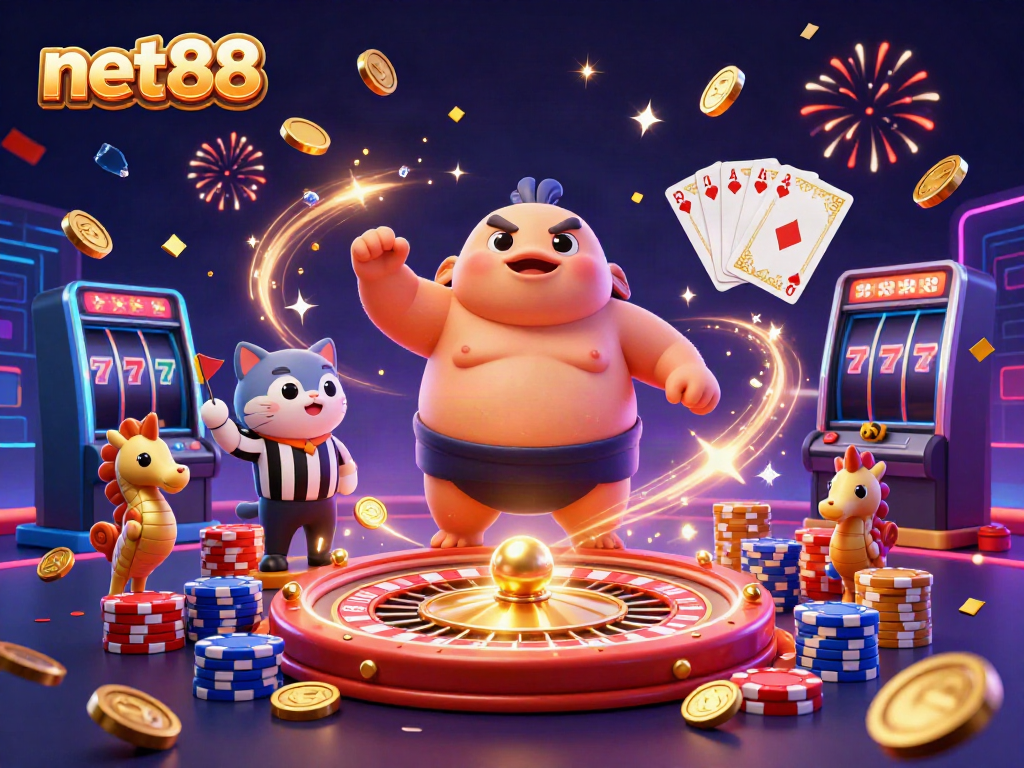 Join the casino action with net88's vibrant scene featuring a fugu in a sumo belt, catfish referee, and lively celebrations.